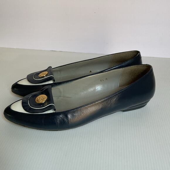 Pappagallo Flats Vintage Navy Blue Leather8.5M Made in Spain Gold Anchor Loafer - Picture 2 of 14